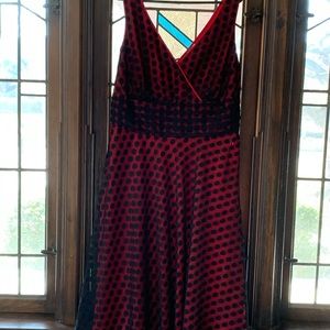 V-neck, red, polka dot dress